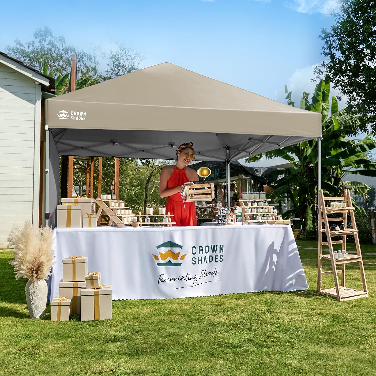 CROWN SHADES Pop Up Canopy with 1 Side Wall - Beach Tent with One Push Setup - Outdoor Sun Shade for Events, Parties, Camping - Gazebo with STO-N-Go Cover Bag, Beige, 8x8FT