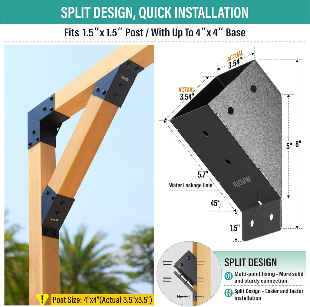 AJOVW-8-Piece 4x4 Pergola Diagonal Brace Angle Plate, Stainless Steel 45 Degree Angle Support Bracket, for Gazebos, Garages, Patios, Sheds, Gardens, and Other Applications.(Actual Size: 3.5' × 3.5' )