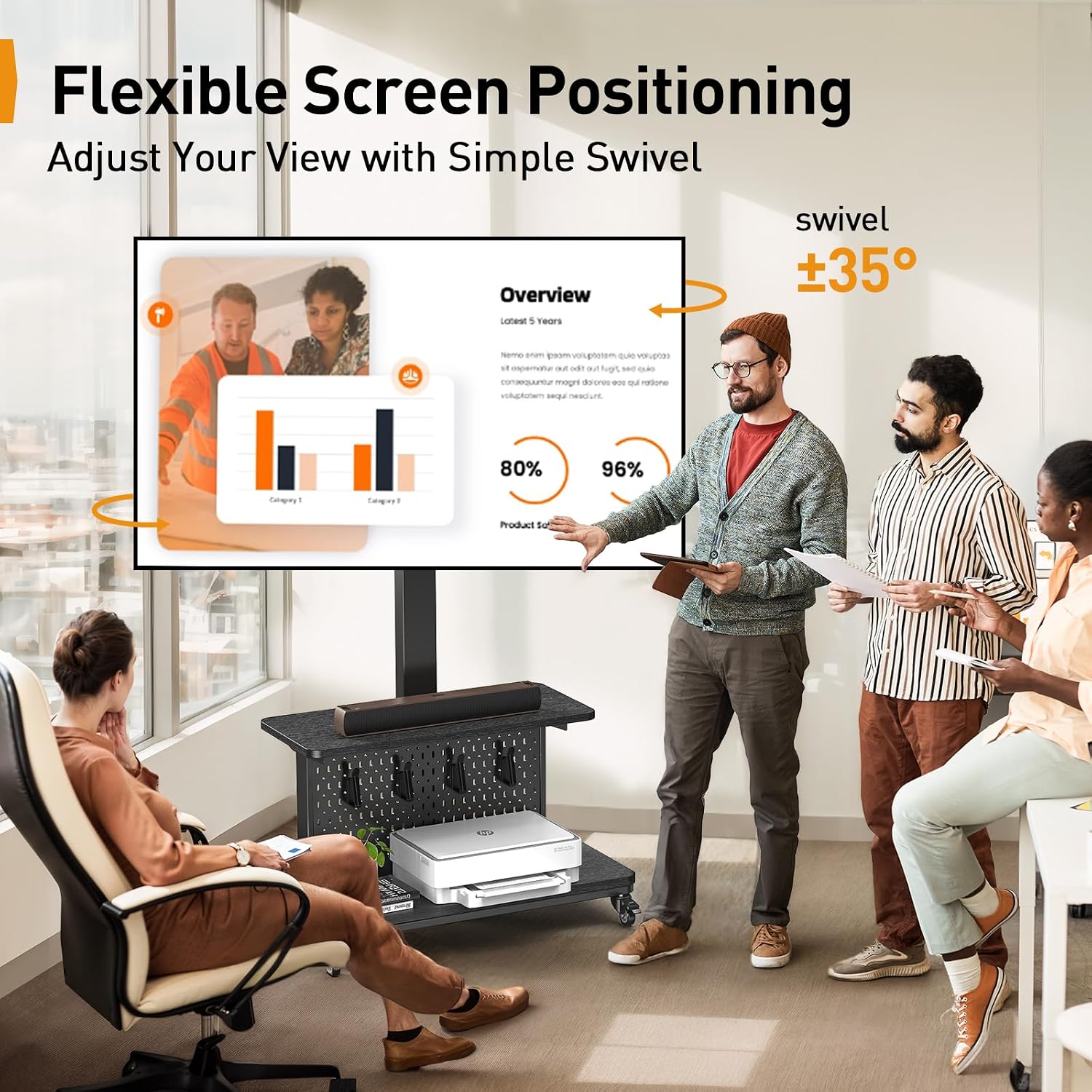 Perlegear Motorized Mobile TV Stand on Wheels, Electric Height Adjustable TV Cart for 32-80″ TVs up to 100 lbs, Rolling TV Stand with Remote Control, 4 Height Memory, ±35° Swivel with Pegboard Storage