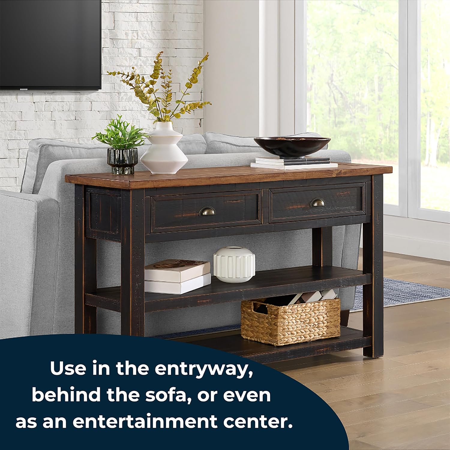 Martin Svensson Home Monterey Solid Wood Sofa Console Table, Black and Honey Brown