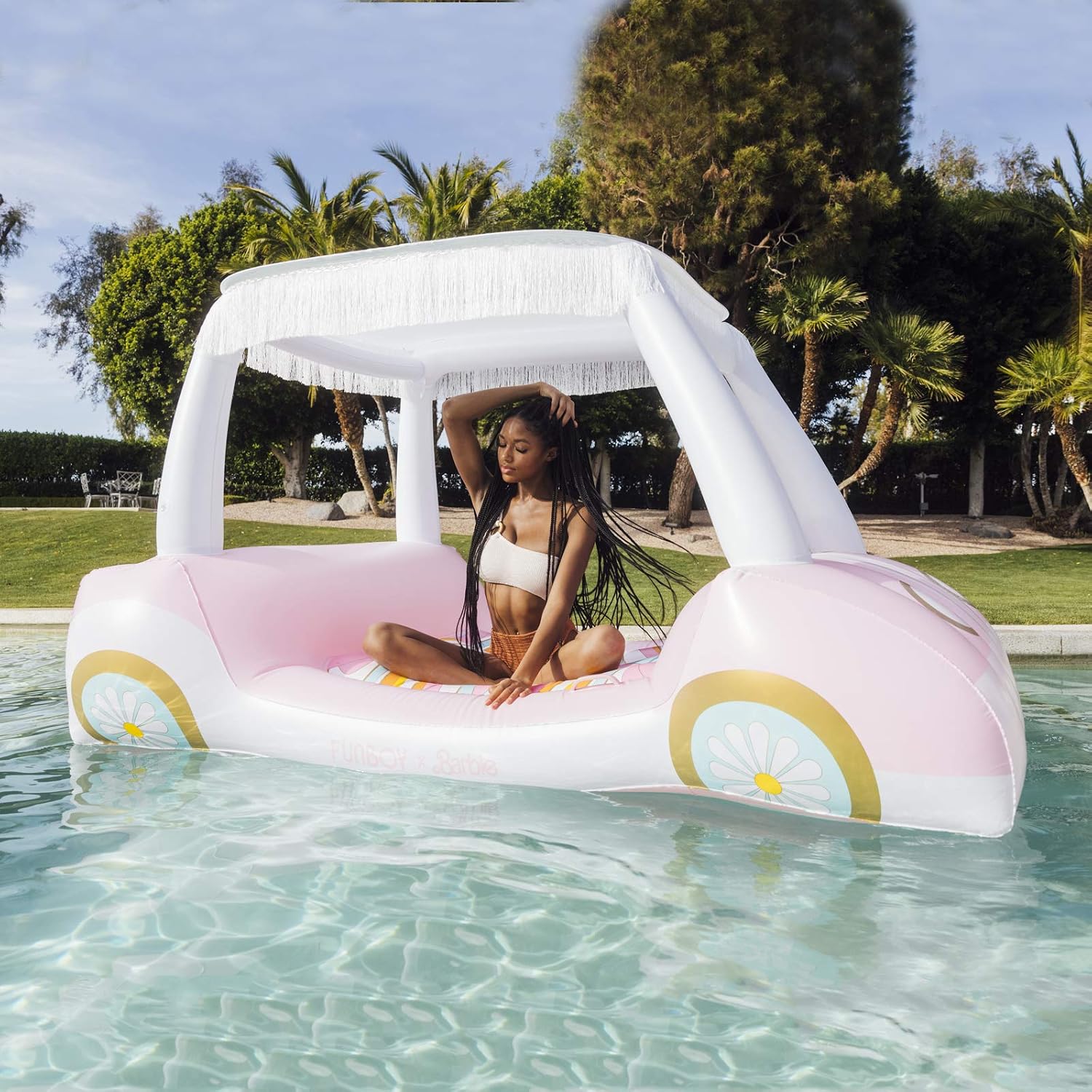FUNBOY & Malibu Barbie Luxury Inflatable Golf Cart Summer Pool Float + FUNBOY Giant Inflatable Luxury Pink Retro Convertible Classic Sports Car Pool Float