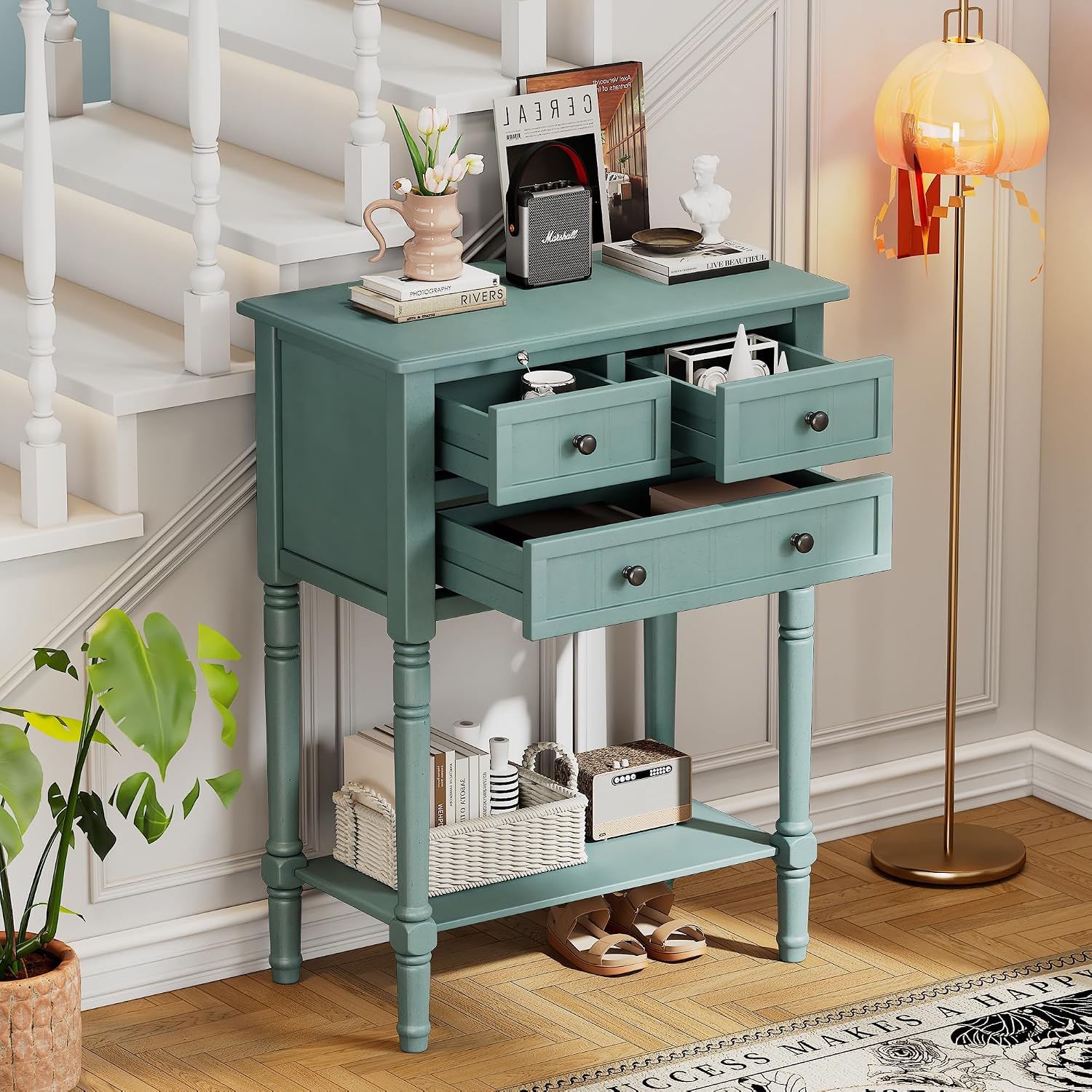 Merax Narrow Console Table, Elegant Slim Sofa Table With Three Storage Drawers and Bottom Shelf for Entryway, Hallway, and Living Room (Light Blue)