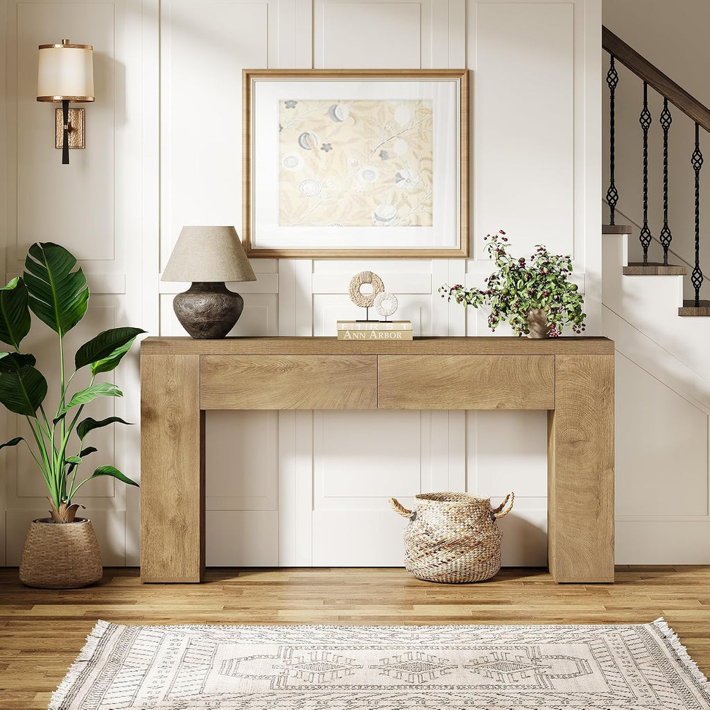 Tribesigns 63-Inch Wooden Foyer Table with with 2 Hidden Drawers, Farmhouse Console Table for Living Room, Hallway, Entrance, Easy Assembly (Brown)