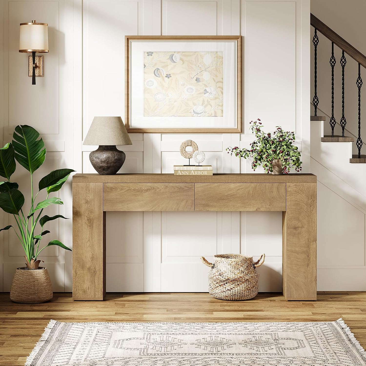 Tribesigns 63-Inch Wooden Foyer Table with with 2 Hidden Drawers, Farmhouse Console Table for Living Room, Hallway, Entrance, Easy Assembly (Brown)