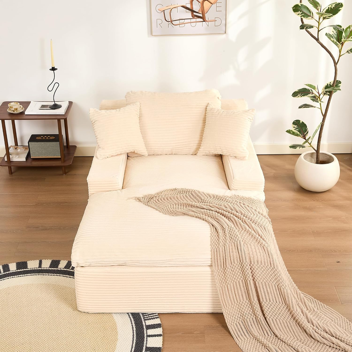 Afuson 63' Chaise Lounge Chair Indoor, Set of Convertible Sleeper Sofa Couch with Throw Pillows & Side Pockets, Corduroy Upholstered Oversized Sofa Bed with Armrests for Living Room Bedroom, Beige
