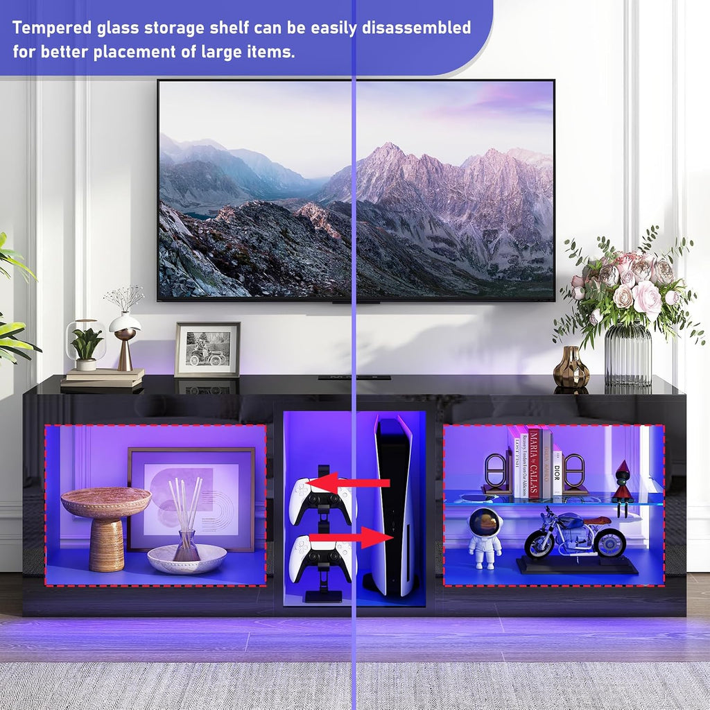 chartustriable LED TV Stands W/Power Outlet for 60 65 Inch TV,55' Modern Entertainment Center W/7000-Colors Light for P S 5,High Gloss TV Console w/Adjustable Shelves for Living Room Gameroom(Black)