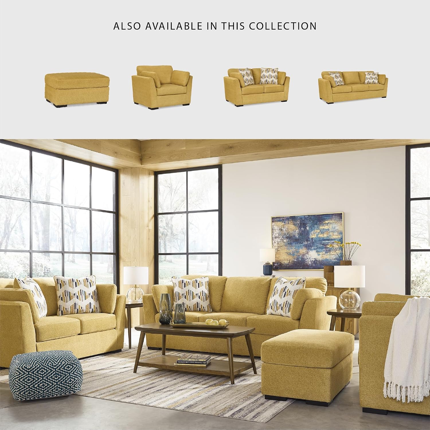 Signature Design by Ashley Keerwick Scandinavian 2-in-1 Sofa Sleeper with Folding Gel Memory Foam Mattress and 4 Pillows, Queen, Yellow