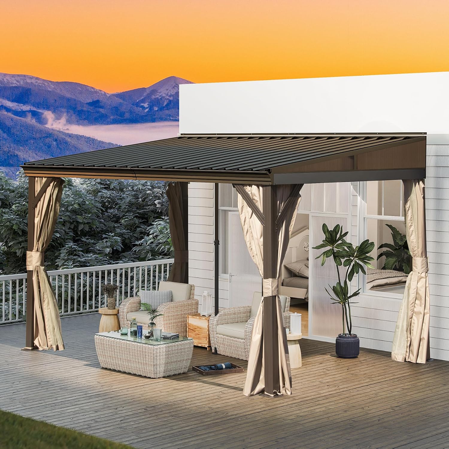 Domi 8' x 12' Lean to Gazebo with Aluminum Frame, Wall Mounted Gazebo Hardtop Galvanized Steel Sloping Roof with Curtains and Netting for Patio Deck Backyard Lawn Party
