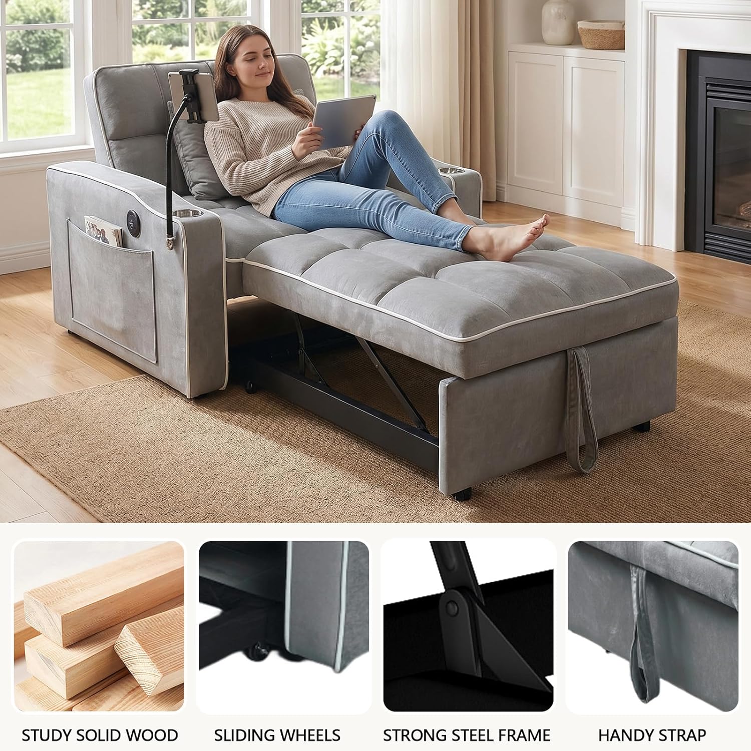 Majnesvon Modern Velvet Fabric Sofa Bed Futon,3 in 1 Convertible Pullout Bed Couches with 3 Reclining Backrests,Phone Stand,Small Sofa Single Sleeper Chair Bed for Living Room Bedroom (Grey)