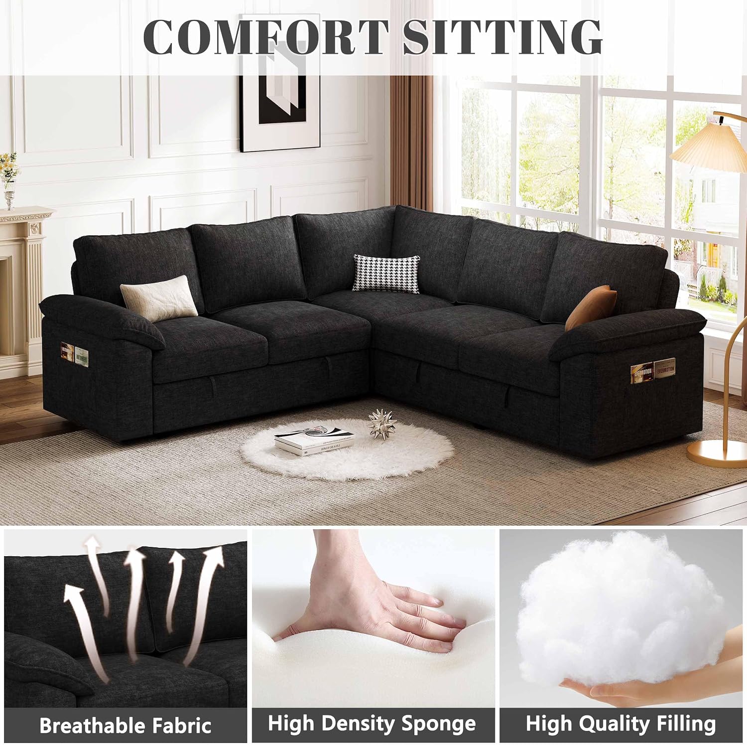85 Inch Modular Sectional Sofa with Pull Out Bed, L Shaped 5 Seat Sectional Sleeper Sofa with Storage, Sectional Couches for Living Room, Cloud Modular Couch,Removable Sofa Cover, Black