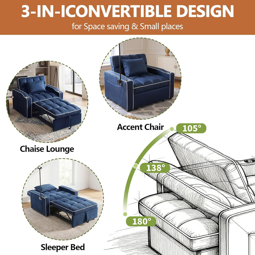 Majnesvon Modern Velvet Fabric Sofa Bed Futon,3 in 1 Convertible Pullout Bed Couches with 3 Reclining Backrests,Phone Stand,Small Sofa Single Sleeper Chair Bed for Living Room Bedroom (Blue)