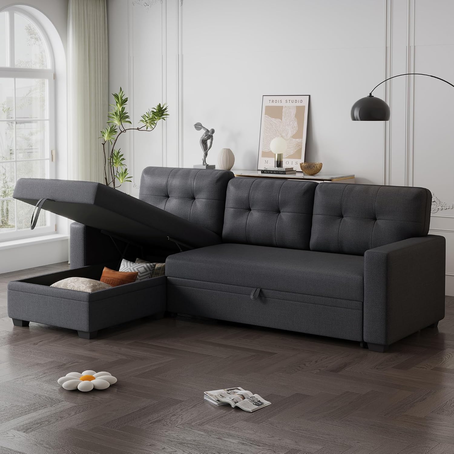 82' L-Shape Convertible Sleeper Sectional Sofa with Storage Chaise and Pull-Out Bed,Upholstered Reversible Corner 3 Seater Couch with Button Tufted Backrest & Armrest,for Living Room,Dark Gray