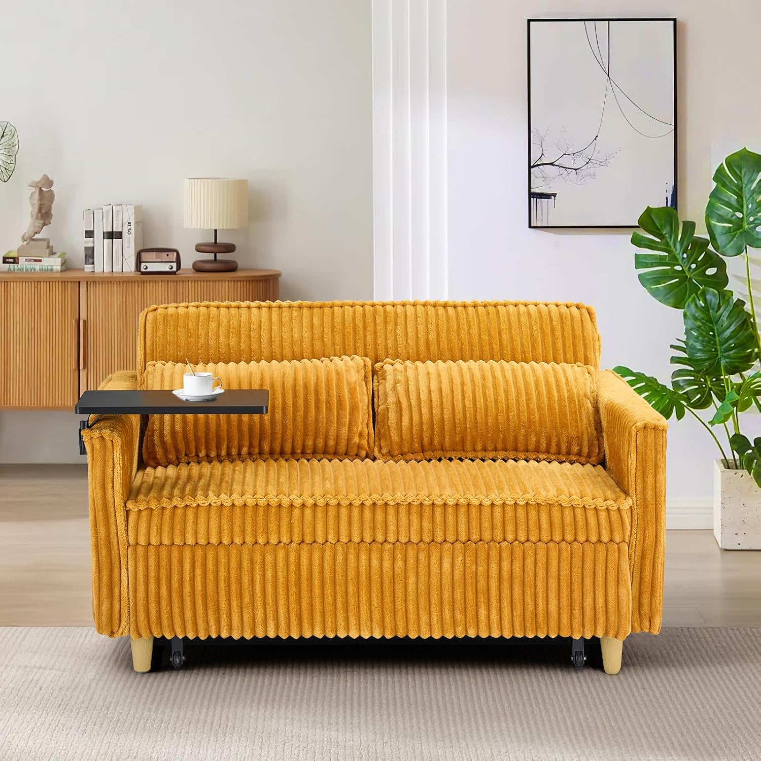 54'W Convertible Sleeper Sofa Bed,3-In-1 Corduroy Pull Out Couch Bed,Futon Loveseat Sleeper Couch with Adjustable Backrest & USB Port & Side Table,Recliner for Living Room/Office/Small Space(Yellow)