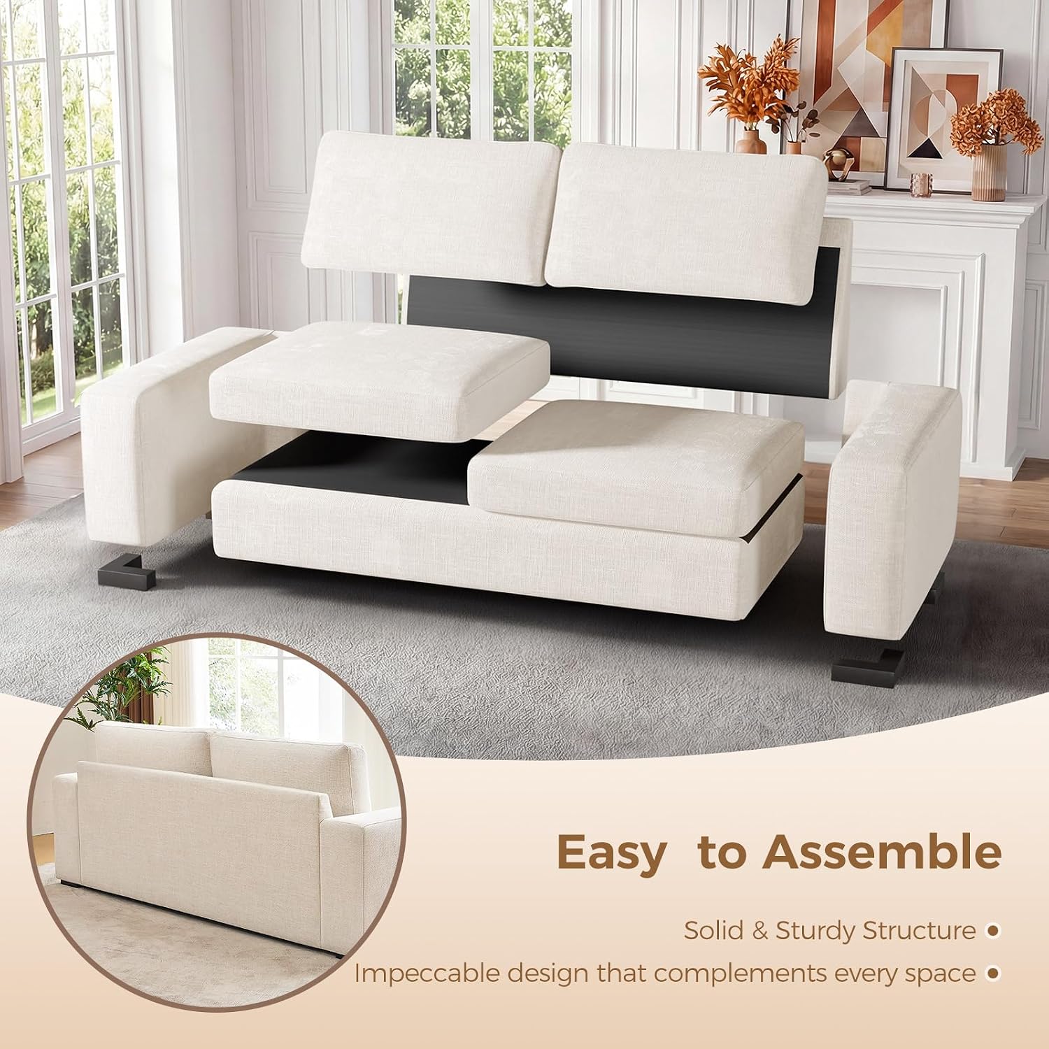 ELUCHANG 85' Modern Sofa Couches for Living Room, 3 Seater Sofa, Natural Linen Deep Seat Sofa with Upholstered Cushion&Detachable Cover, Comfy Sofa Couch for Small Space, Apartment, Beige