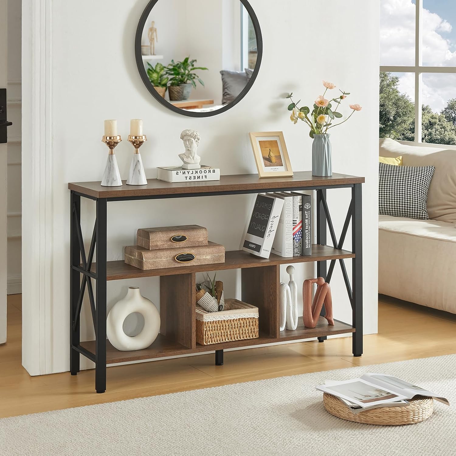 HOMBAZAAR Console Table,Industrial Sofa Table with 3 Cubes,Entryway Table with Engineered Wood and Metal, Rustic 3 Tier Shelf for Hallway,Living Room,Brown,47 Inch