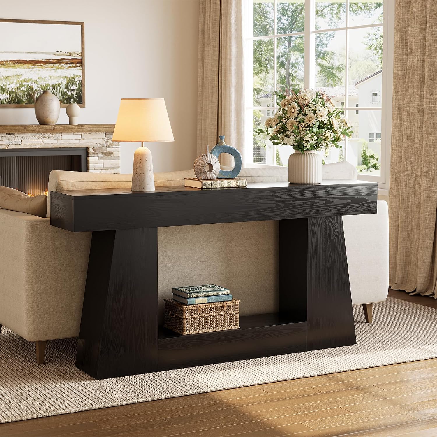 LITTLE TREE 63' Farmhouse Console Table with Storage, Rustic Sofa Table for Entryway, Narrow Long Sofa Table Behind Couch, Console Table for Living Room, Hallway—Versatile Storage Solution, Black