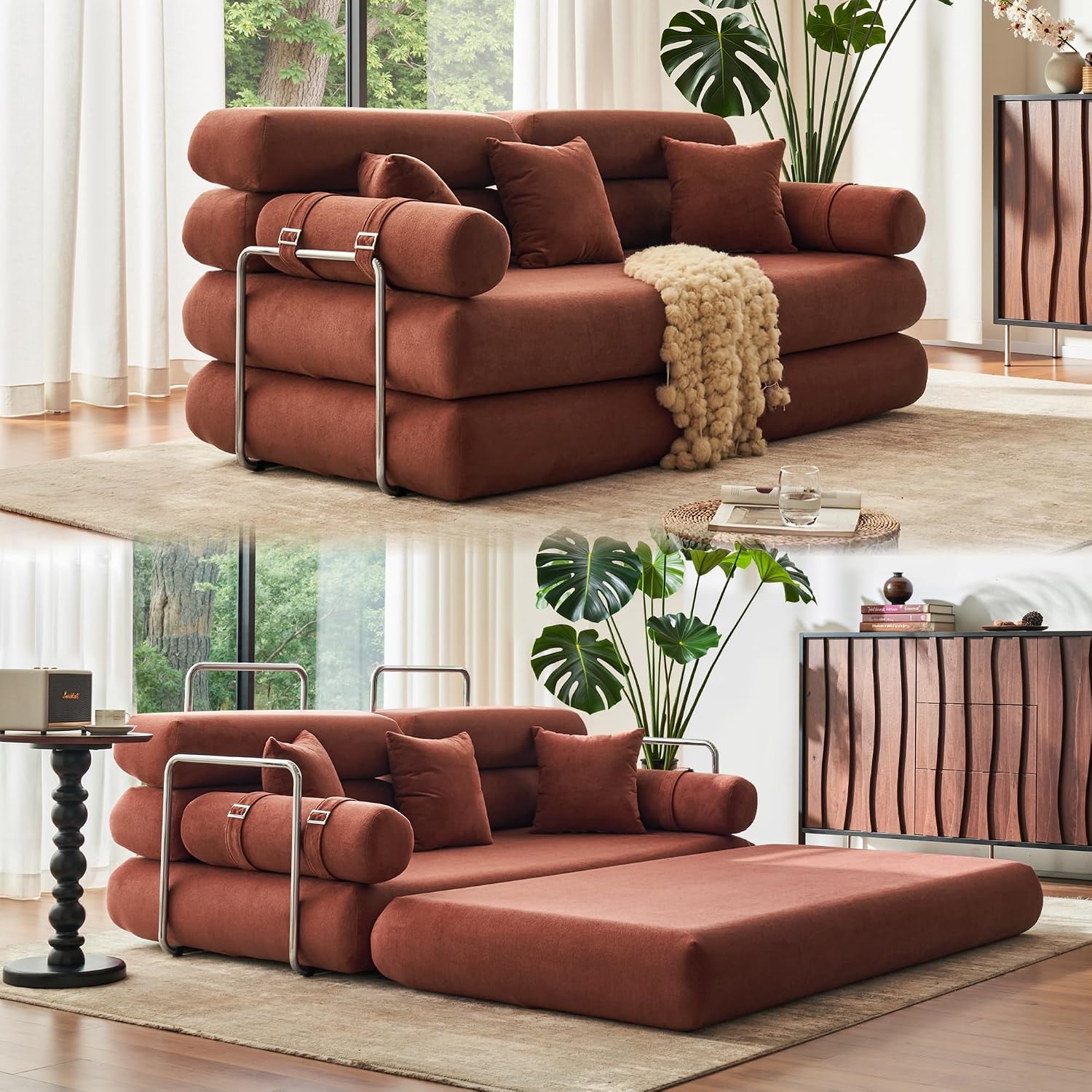 YINIX Convertible Sleeper Sofa - 35'' High-Back Floor Couch Bed - Folding Sofa Bed with Rounded Arm Supports - Floor Sofa Lounge Sofa Bed for Living Room Bedroom - Orange