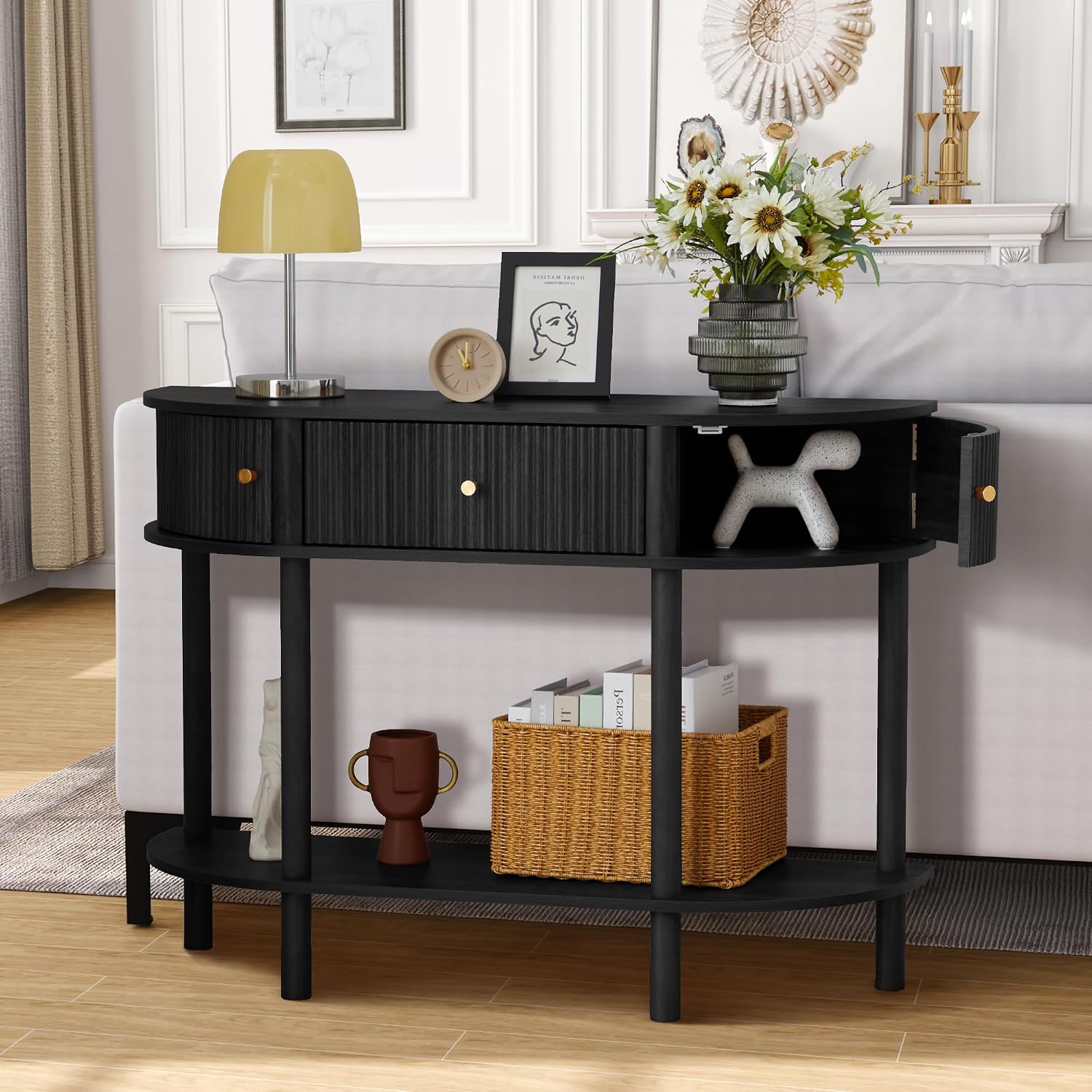XUZENEST 43.3' Fluted Half Moon Console Table, Modern Entryway Console Sofa Table with Storage, Narrow Wood Accent Tables Behind Couch Tables for Living Room, Hallway, Foyer(Black)