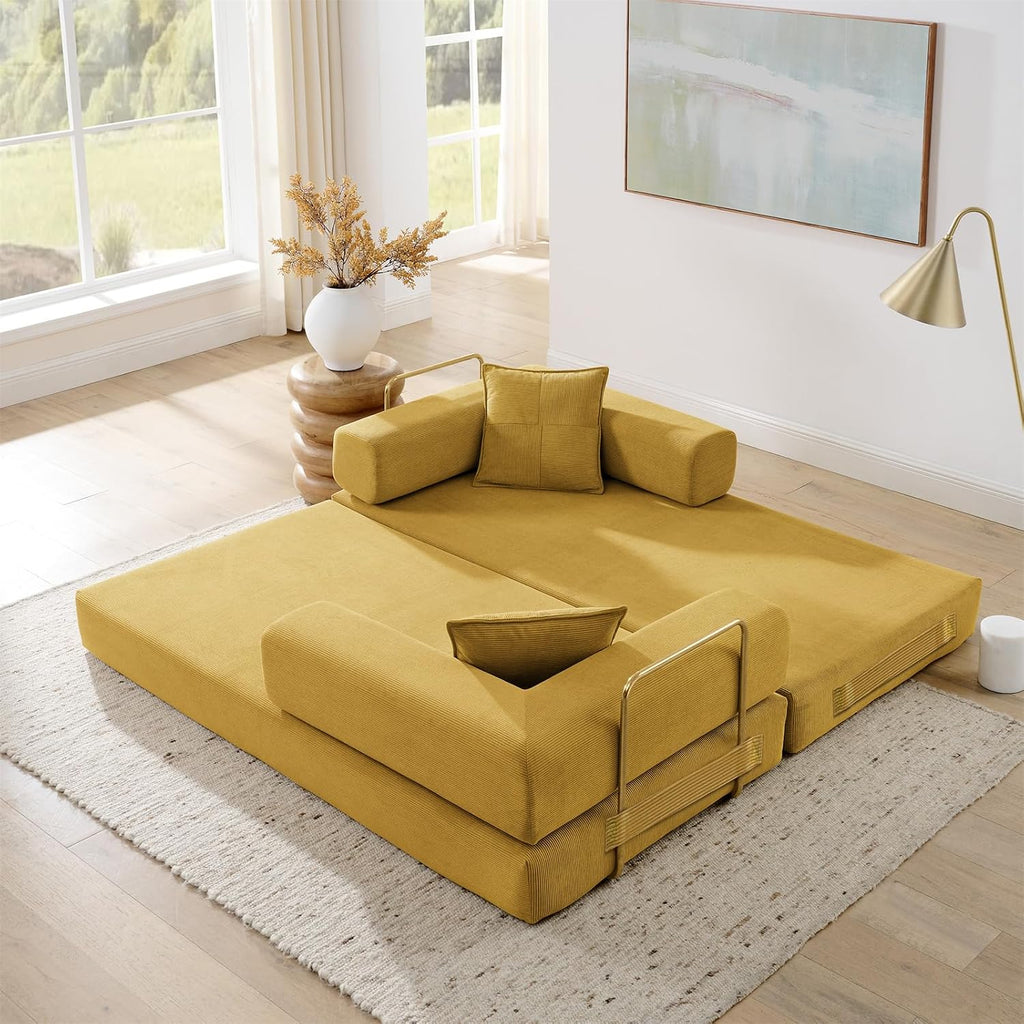 Modular Couch Bed, Convertible Folding Plush Corduroy Comfy Floor Memory Foam Compression Loveseat Sleeper Sofa Couch, King Size Bed for Guest Room Living Room Bedroom, No Assembly, Mustard Yellow