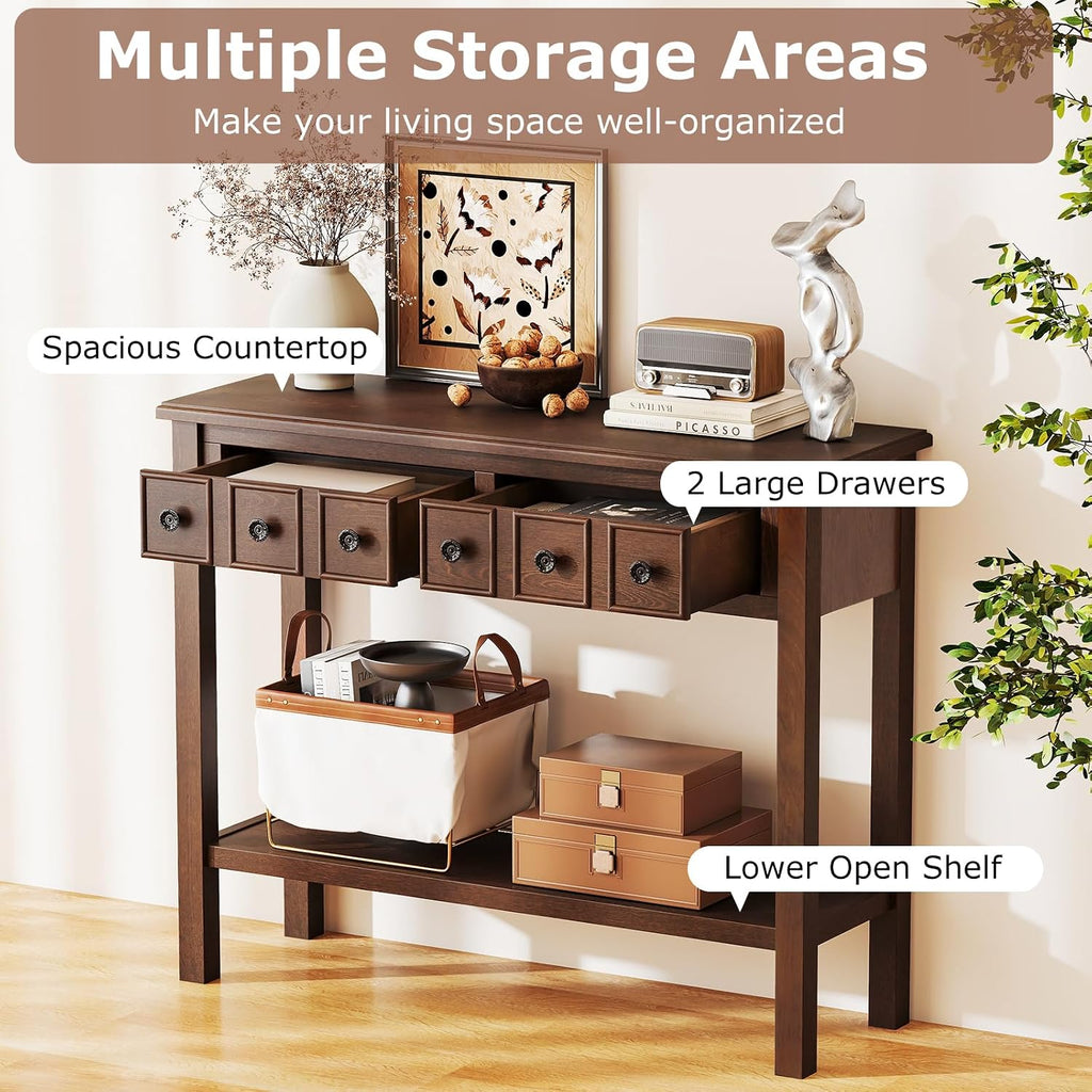 Giantex 2-Tier Narrow Console Table, 38' Retro Entryway Table with 2 Drawers and Open Storage Shelf, Wood Accent Sofa Tables for Living Room, Foyer, Hallway, Bedroom, Entrance