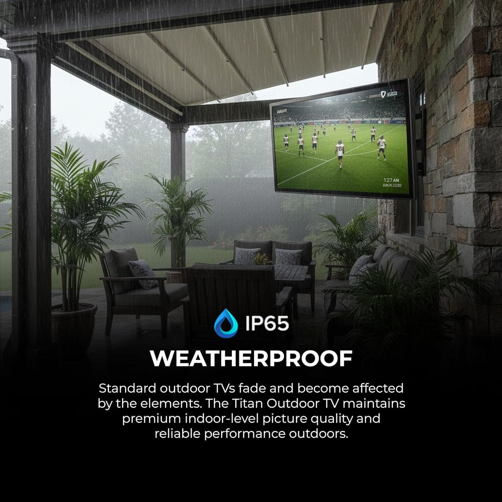 Titan S100 QLED 55 Inch Outdoor TV, Covered Patio, IP65 Smart Weatherproof TV, 4K HDR, 60 Hz, Tizen AI OS, 800 Nits, Wi-Fi 5, HDR10+, Outdoor TV Cover, Slim Bezel, 2 Yr Wty