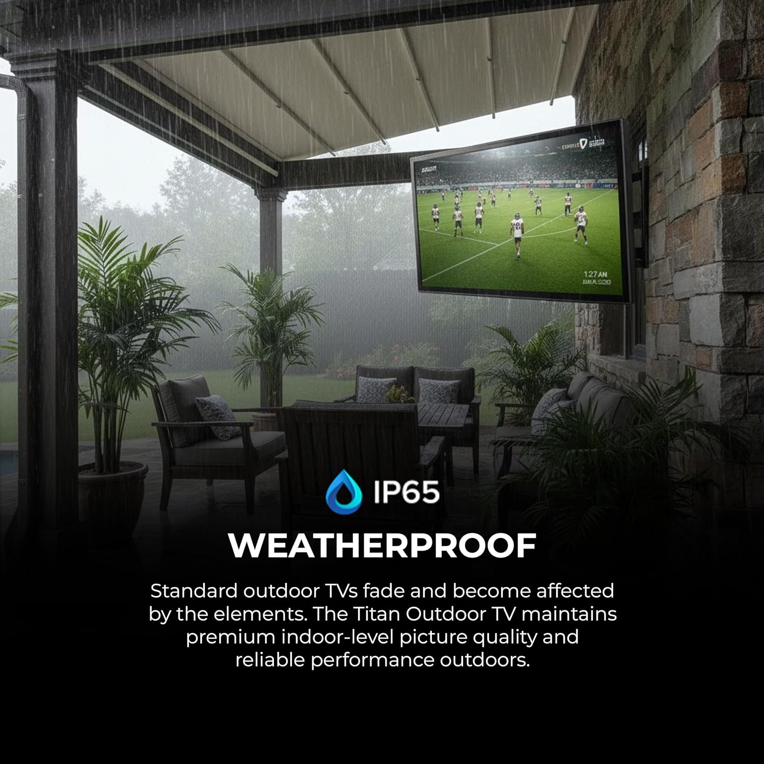 Titan S100 QLED 55 Inch Outdoor TV, Covered Patio, IP65 Smart Weatherproof TV, 4K HDR, 60 Hz, Tizen AI OS, 800 Nits, Wi-Fi 5, HDR10+, Outdoor TV Cover, Slim Bezel, 2 Yr Wty