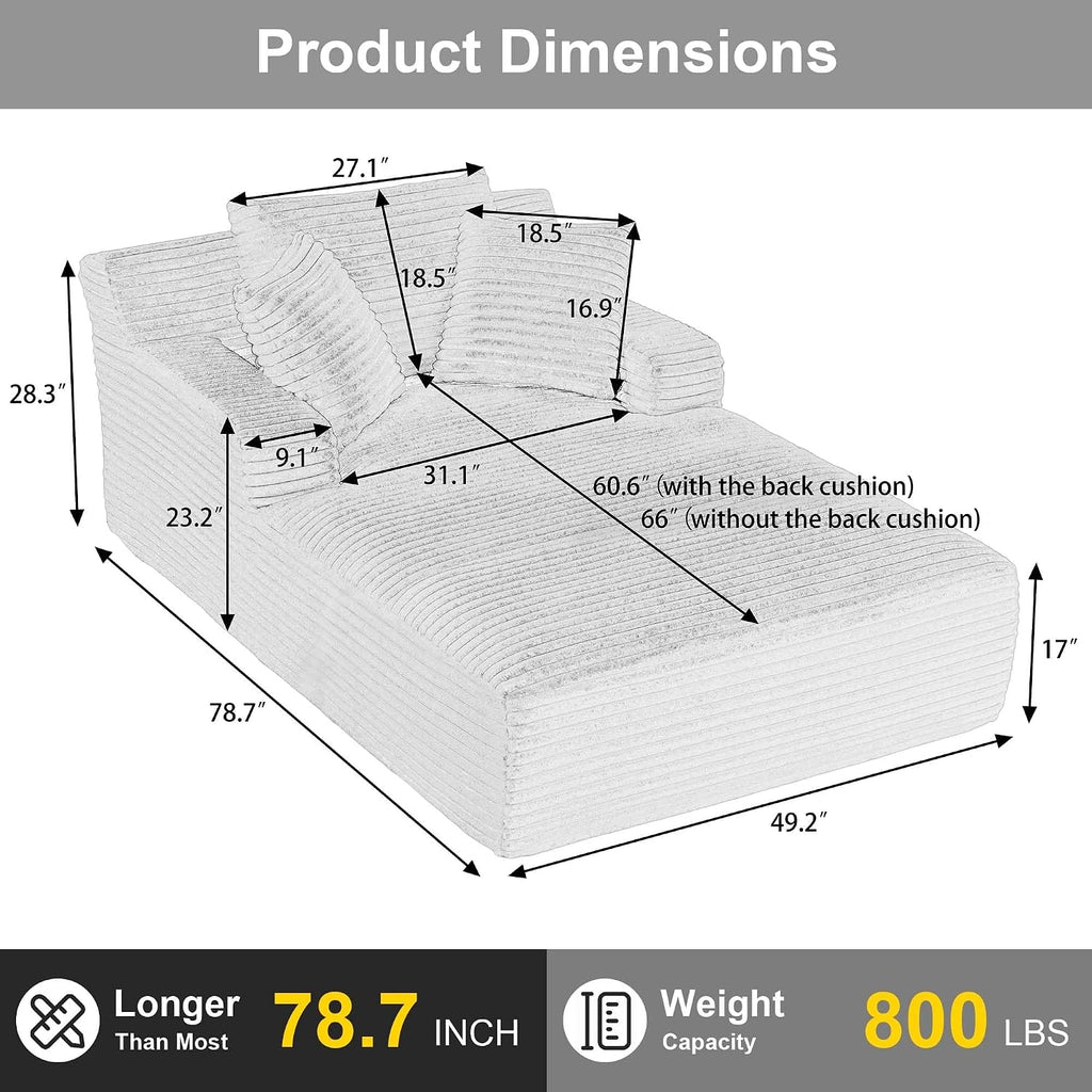 Tmsan Oversized Chaise Lounge Chair Indoor, 78.7' Extra Deep Boneless Corduroy Lounge Couch Bed with 2 Pillows, Single Seat Reading Chairs for Living Room,Bedroom,Apartment,No Assembly Required