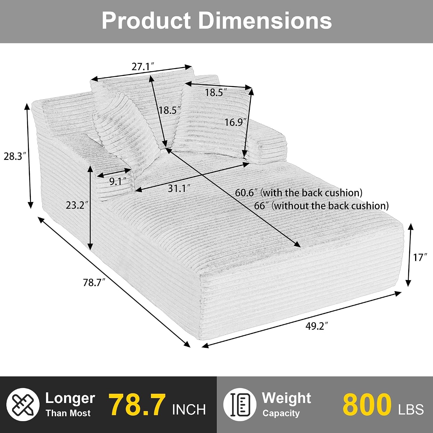 Tmsan Oversized Chaise Lounge Chair Indoor, 78.7' Extra Deep Boneless Corduroy Lounge Couch Bed with 2 Pillows, Single Seat Reading Chairs for Living Room,Bedroom,Apartment,No Assembly Required