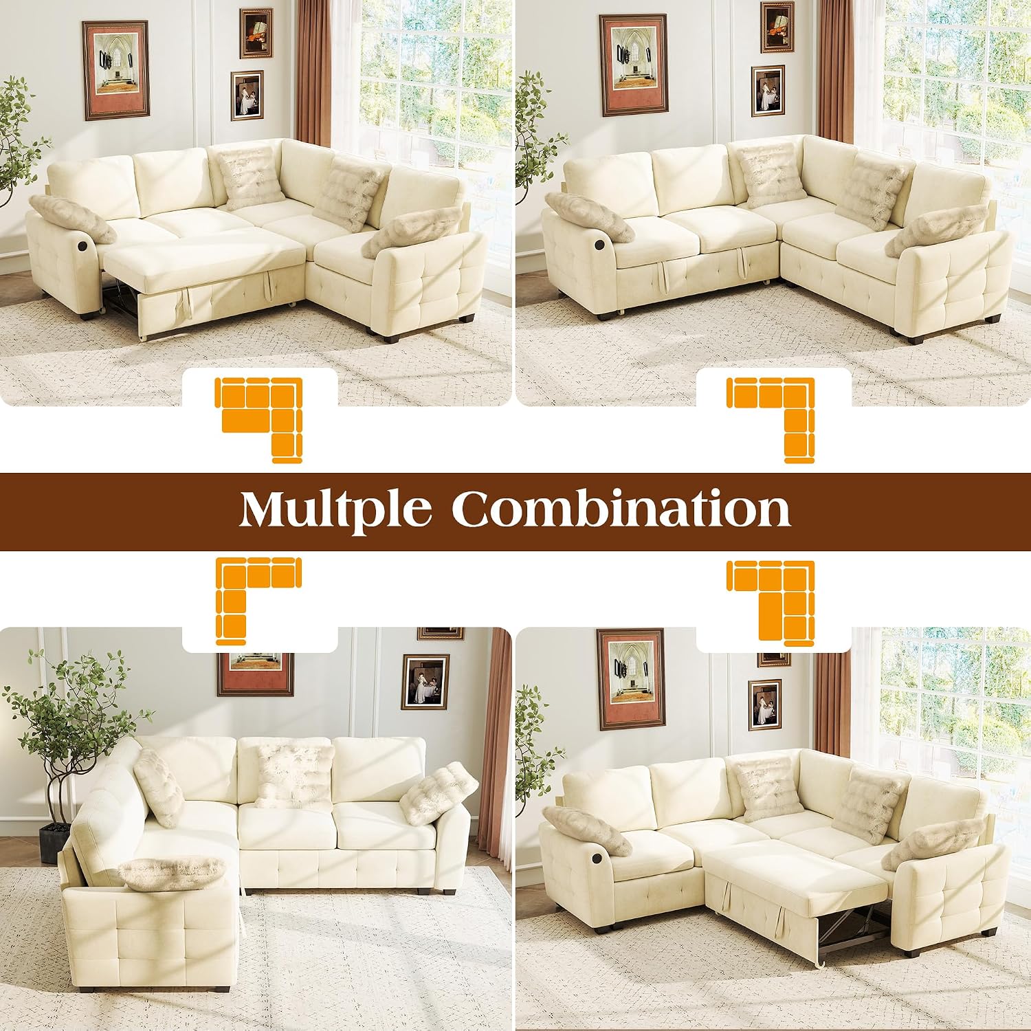 Ihanherry L-Shaped Sectional Sofa Bed with Storage, 5-Seater Convertible Pull Out Sleeper Sofa with USB Charging Ports, 4 Pillows & Wide Armrests, Chenille Fabric for Living Room, Apartment（Beige）