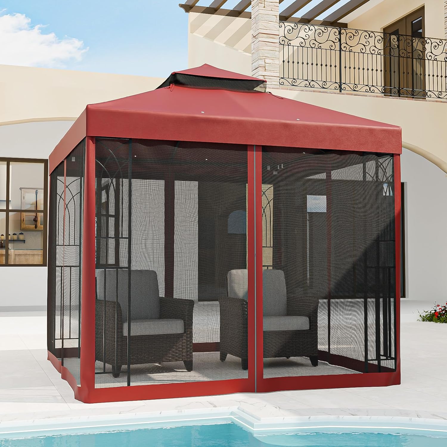 8x8 Outdoor Gazebo Tent with Netting and Corner Shelves, Double Roof Patio Gazebo with Soft Fabric Top, Outdoor Pavilion for Backyard Patio Garden Lawn, Red