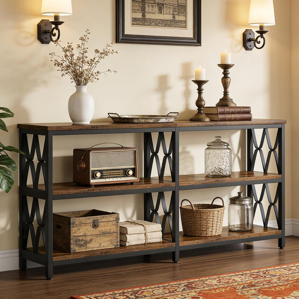 Tribesigns 71' Long Sofa Table with Storage Shelves, Industrial 3-Tier Console Table for Living Room, Entryway Table for Hallway, Front Door, Entrance, Foyer, Rustic Brown & Black