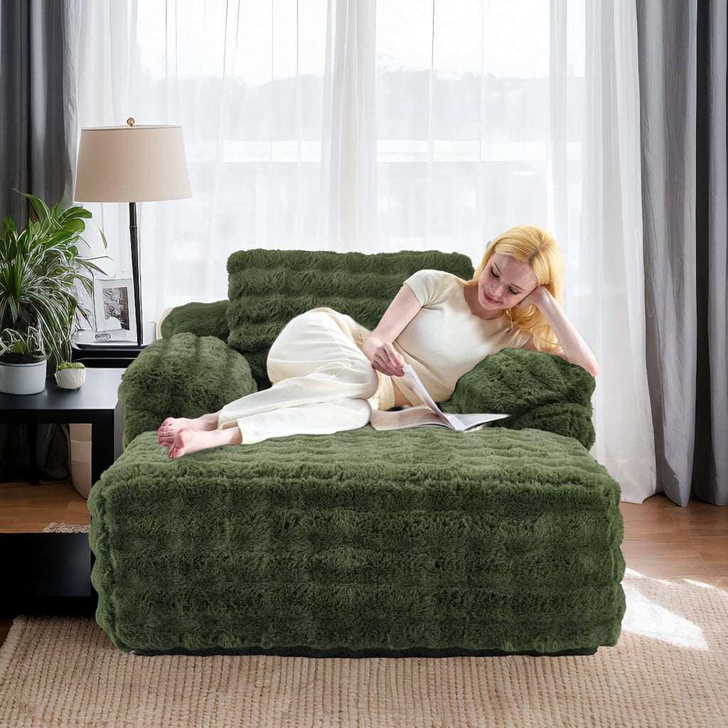 VINGLI Chaise Lounge Chair, Green Boneless Couch Oversized Reading Chair Upholstered Bubble Fleece Cloud Couch Sofa Recliner Bed Comfy Sleeper Couches for Living Room, Movie Room, Bedroom