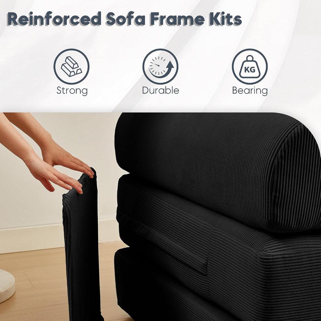 Modular L Shaped Sofa Bed with Cylindrical Pillow & Reversible Chaise, Corduroy Convertible Floor Boneless Sofa Couch Bed with Fixed-Shape Frame & Storage Pocket for Living Room, Black