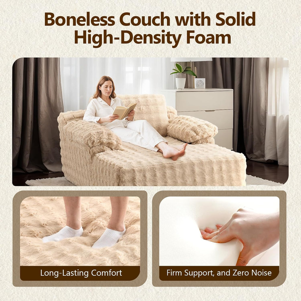 VINGLI Boneless Chaise Lounge Chair, Light Brown Oversized Reading Chair Upholstered Bubble Fleece Cloud Couch Sofa Recliner Bed Comfy Sleeper Sofa for Living Room, Movie Room, Bedroom