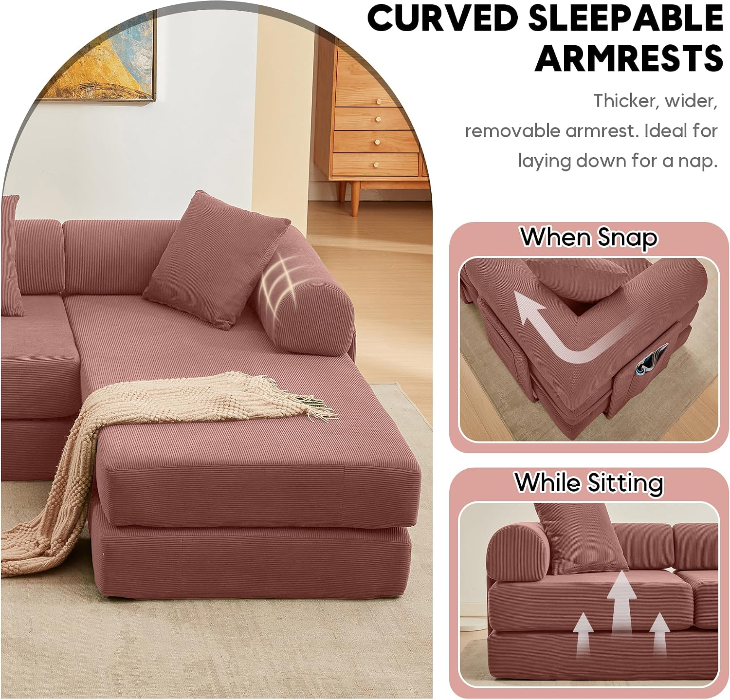 Modular L Shaped Sofa Bed with Cylindrical Pillow & Reversible Chaise, Corduroy Convertible Floor Boneless Sofa Couch Bed with Fixed-Shape Frame & Storage Pocket for Living Room, Pink