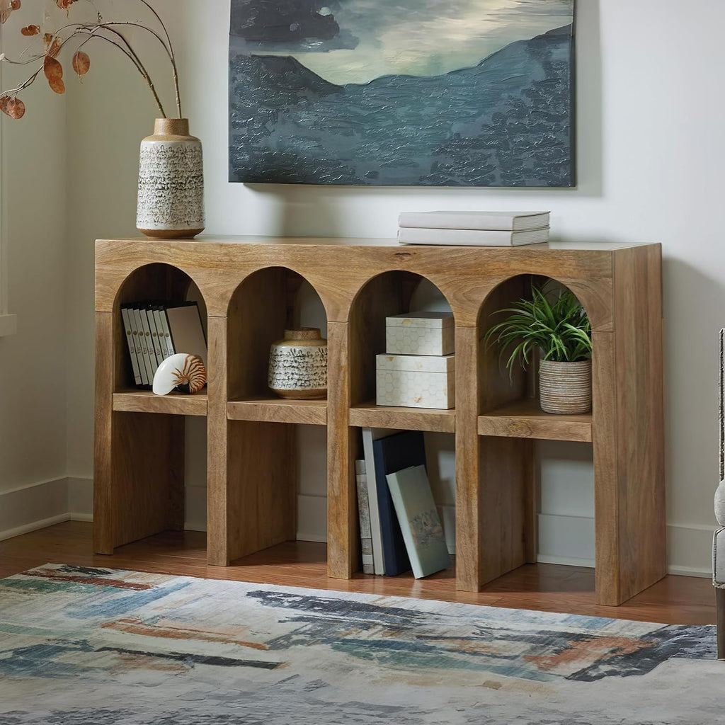 Signature Design by Ashley Luzmanacy Casual Solid Mango Wood Console Sofa Table with Shelf, Light Brown
