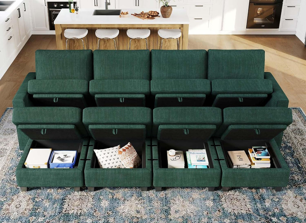 Belffin Oversized Modular Sectional Sleeper Couch, Corduroy Luxury Sectional Sofa with Storage Ottoman, Convertible Modern Sectional for Living Room, Green