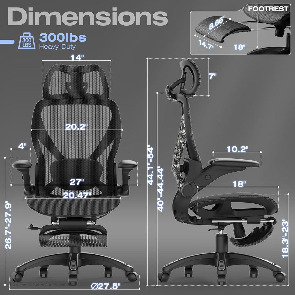 ELABEST X100 Ergonomic Mesh Office Chair with Footrest, Big and Tall Hone Desk Chair with 5D Flip-Up Arms, Adjustable 3D Lumbar Support,Gaming & Executive Computer Chairs (Night Reaper)