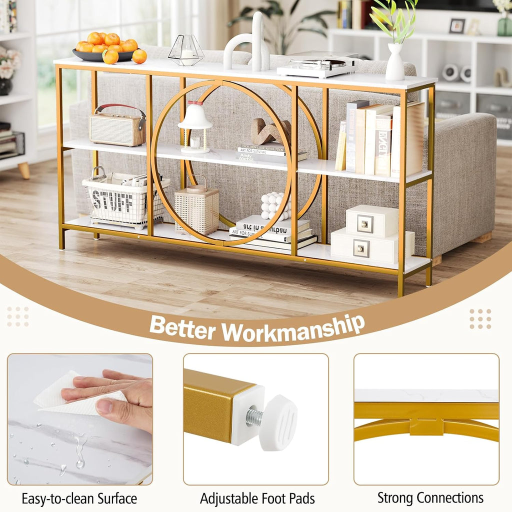 Giantex Narrow Long Console Table, 3-Tier Entryway Table with Faux Marble Top & Heavy-Duty Metal Frame, Mid-Century Accent Sofa Tables with Open Storage Shelves for Living Room, Hallway(White+Gold)