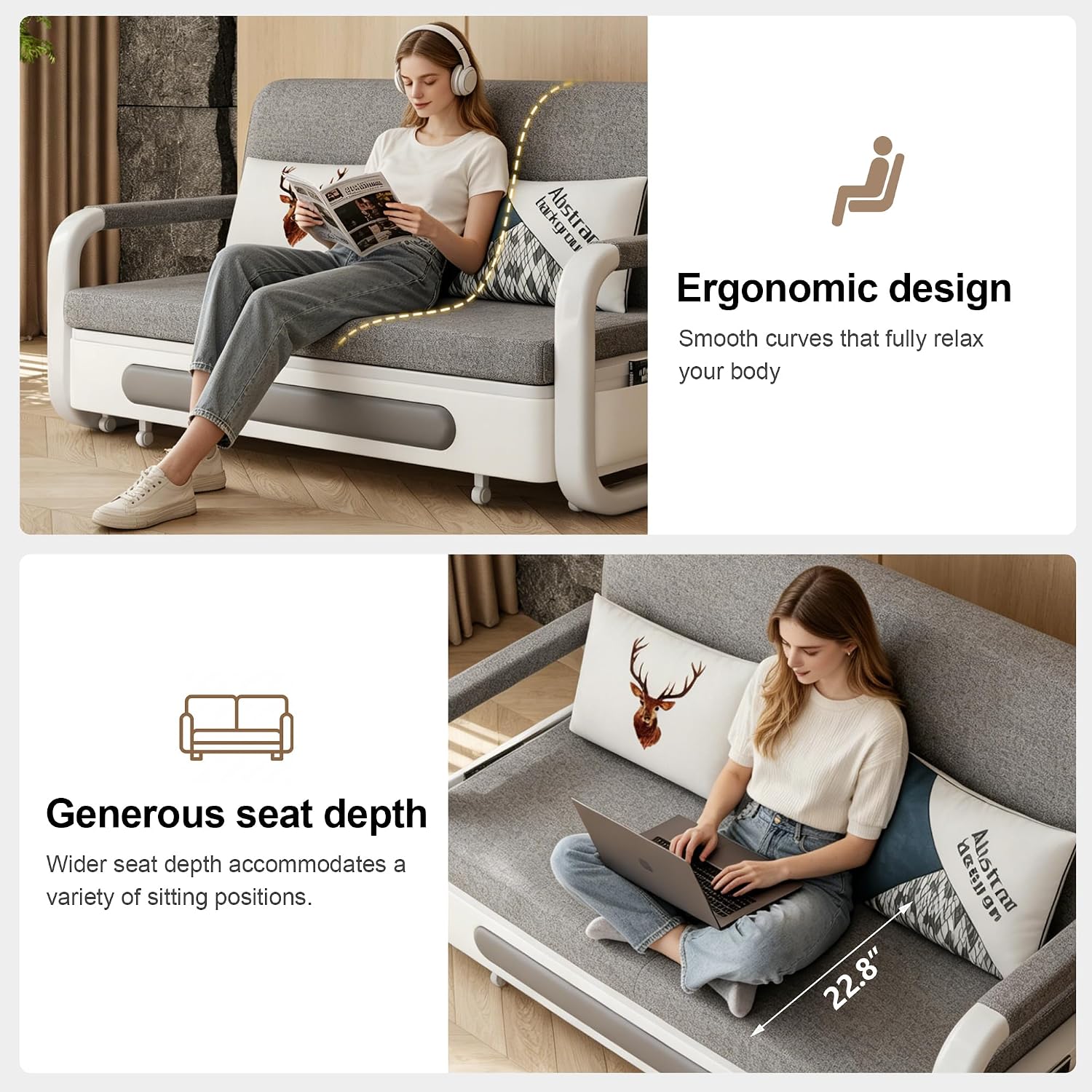 Pull-Out Sofa Daybed with Trundle - Versatile Futon Sleeper Couch for Living Room and Small Spaces (34.6'' D x 50.3'' W x 34.2'' H)- Gray/White Sofa Bed