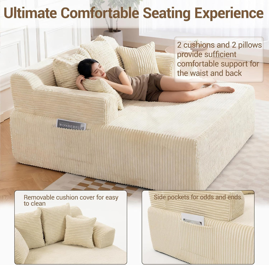 58' Chaise Lounge Chair Indoor, Beige - Oversized Corduroy Boneless Sleeper Sofa Bed with Armrests and 4 Pillows, No Assembly for Living Room