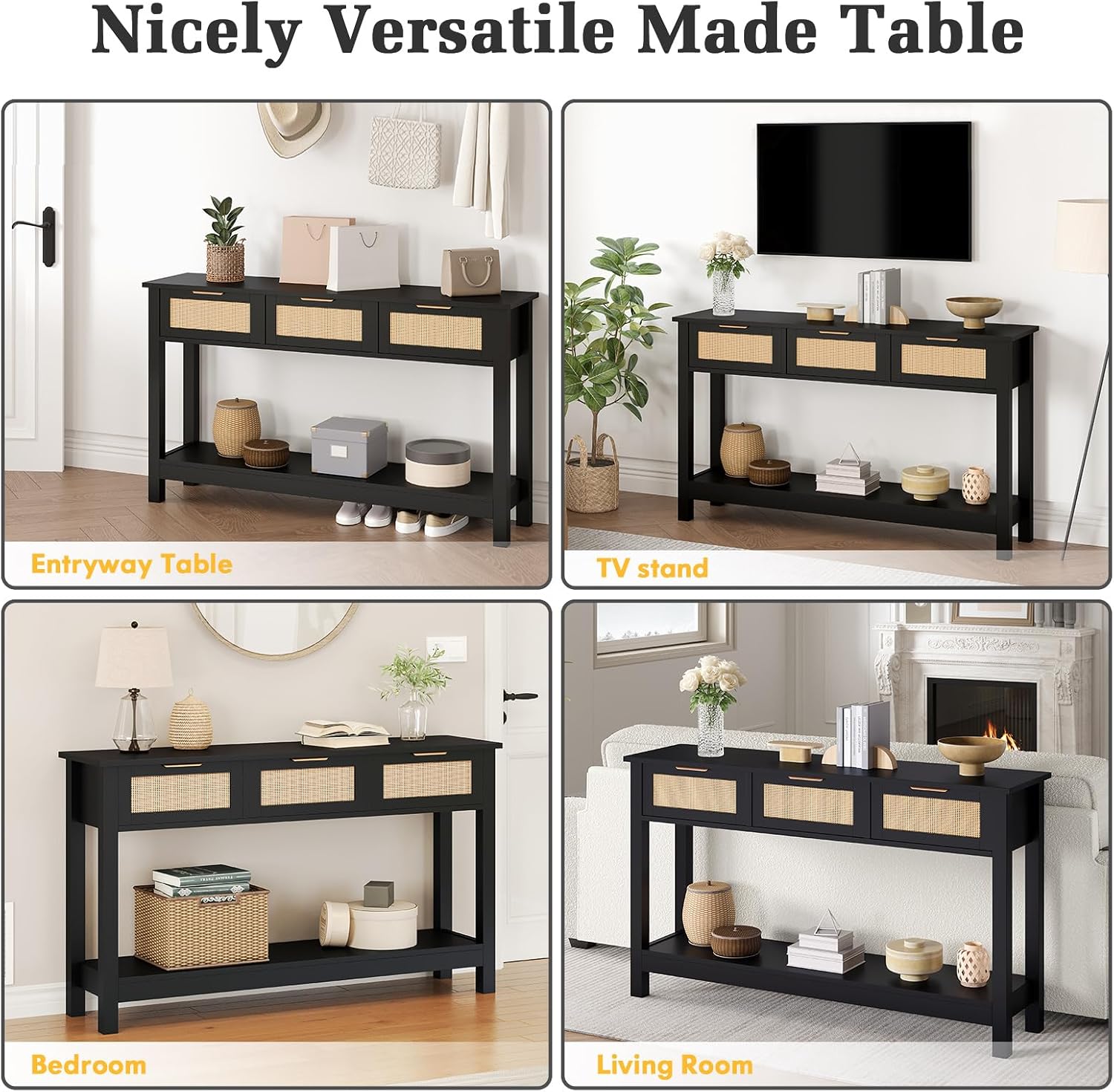 Luoxiao Entryway Table, 47' Rattan Console Tables with 3 Drawers, Narrow Hallway Table for Entryway with Storage Shelf, Slim Sofa Table Behind Couch, Modern Black Foyer Entry Way Table, Easy Assembly