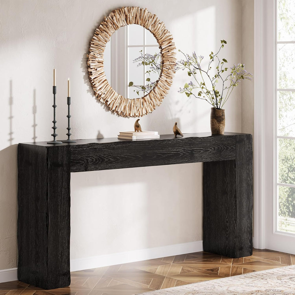 Solid Wood Console Table, 63-Inch Farmhouse Sofa Table Behind Couch for Entryway, Living Room, Foyer, Easy Assembly (Black)