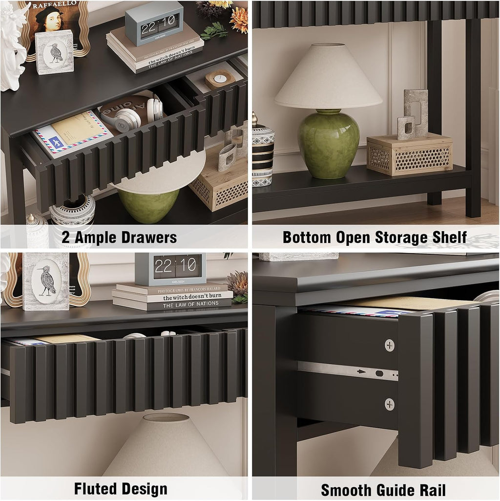 Trironsun Fluted Console Table with 2 Drawers Narrow Sofa Table with Open Storage Shelf Modern Behind Couch Tables Long Entryway Table for Foyer Hallway