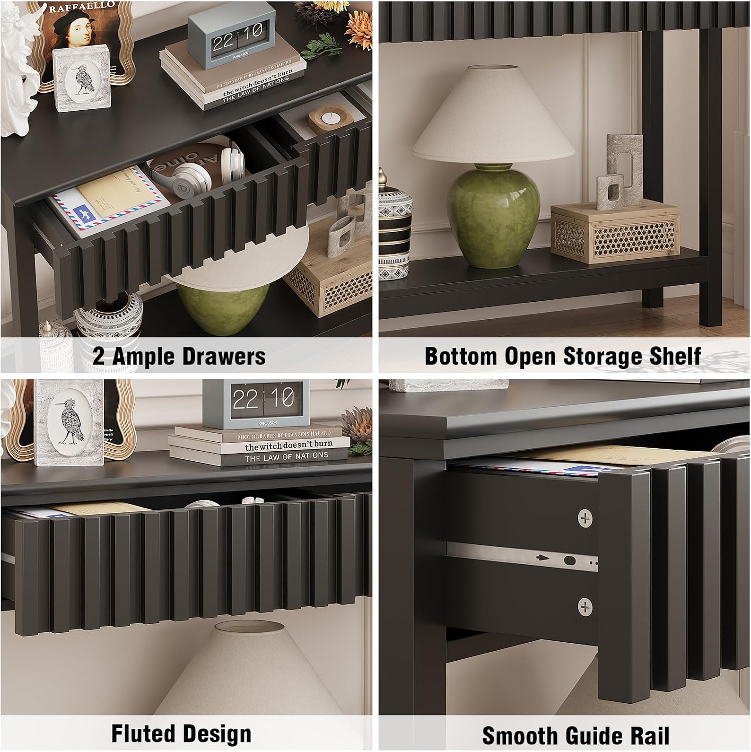 Trironsun Fluted Console Table with 2 Drawers Narrow Sofa Table with Open Storage Shelf Modern Behind Couch Tables Long Entryway Table for Foyer Hallway