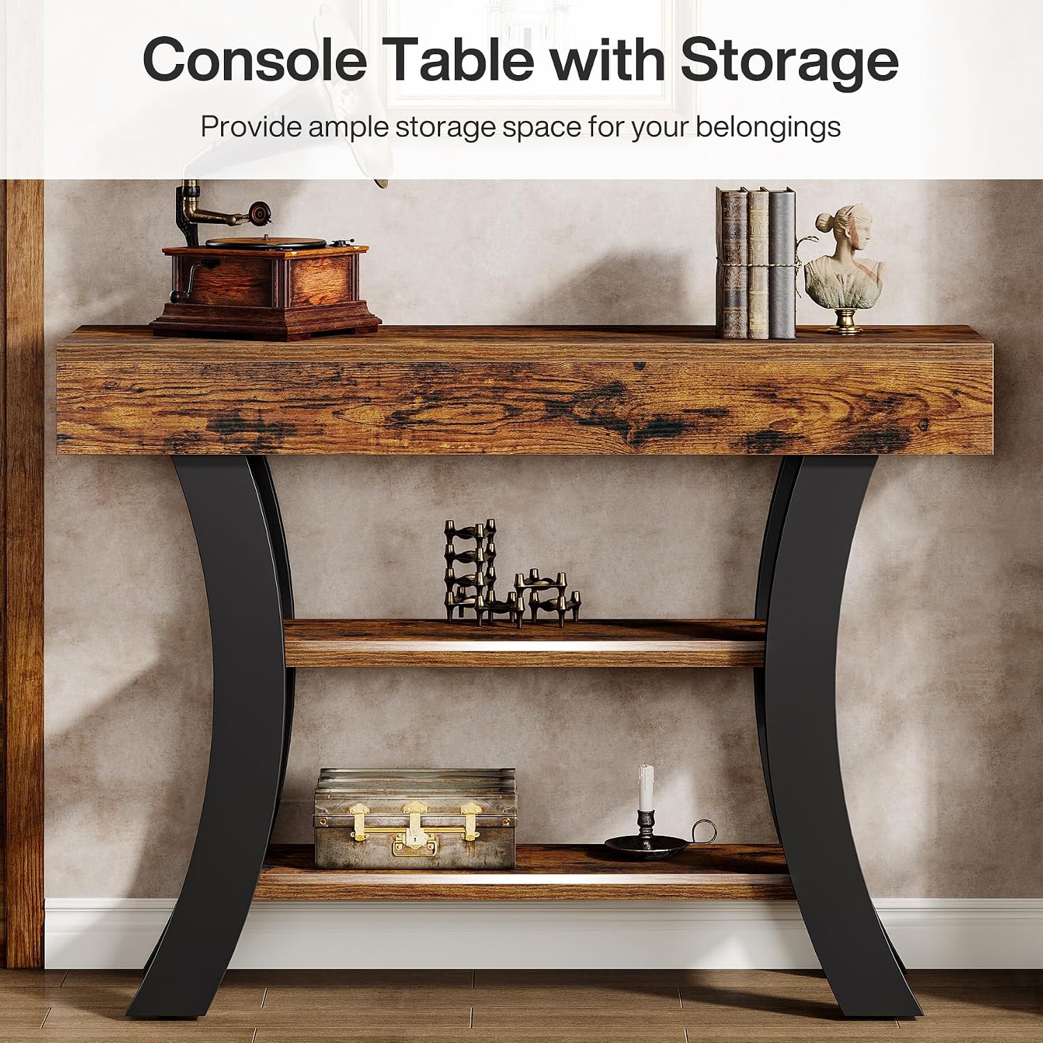 Tribesigns 41' Small Console Table for Entryway, 3-Tier Narrow Rustic Sofa Table with Storage Shelves and Curved Frame for Living Room, Entry, Hallway, Foyer, Rustic Brown