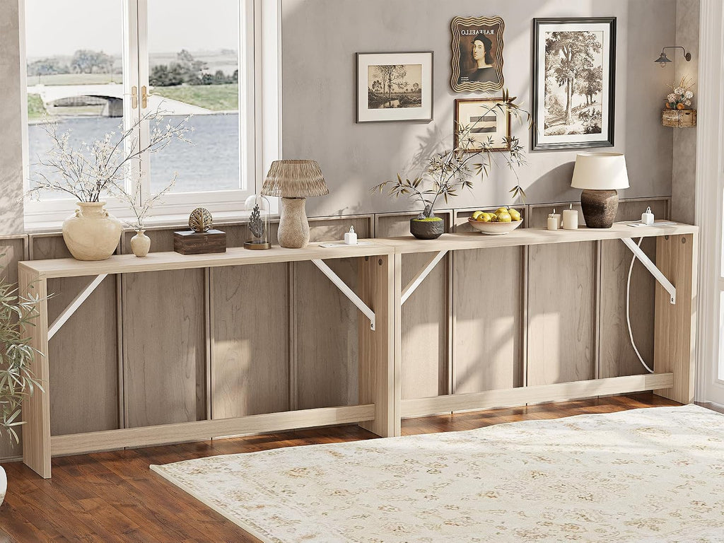 TIQLAB 9.1 Inch Narrow Console Table with Power Outlet,Sofa Table Set of 2，Total Length 94'' Sofa Table Behind Couch，for Entryway&Living Room, Light Walnut