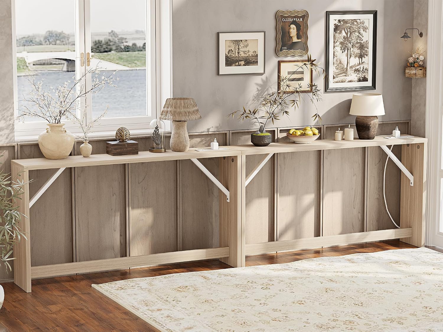 TIQLAB 9.1 Inch Narrow Console Table with Power Outlet,Sofa Table Set of 2，Total Length 94'' Sofa Table Behind Couch，for Entryway&Living Room, Light Walnut