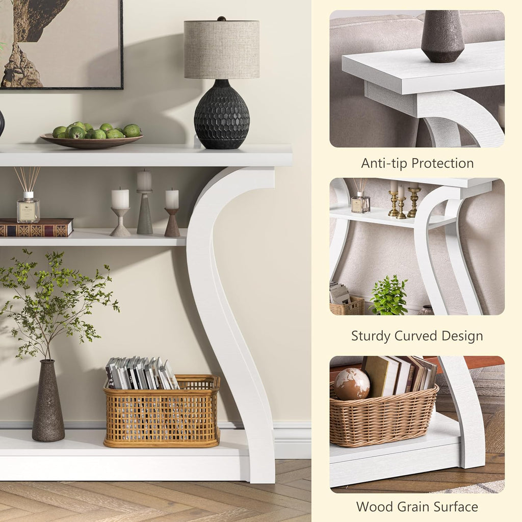 Wooden Console Table with Curved Legs and Shelf, 3-Tier Modern Accent Narrow Sofa Table for Entrance Area, Living Room, Hallway, 47 in Wide Wood Console Table for Entryway (White)