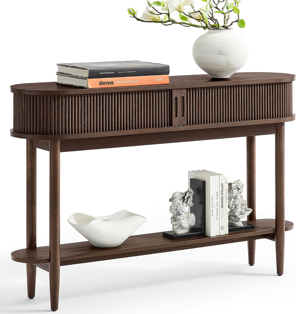 LINSY HOME Fluted Console Table, Mid-Century Modern Entryway Cabinet with Sliding Tambour Doors, Narrow Long Sofa Table, Behind-The-Couch Table for Living Room, Hallway (Brown Oak)